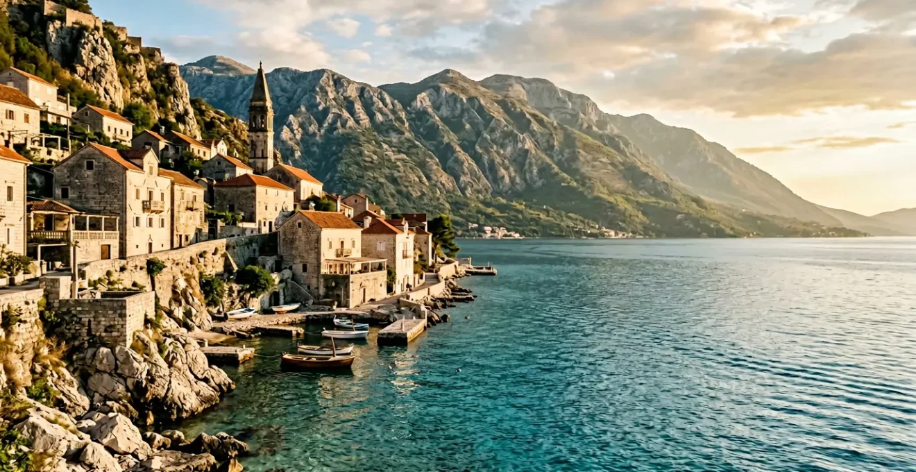 Côte escarpée de l'Adriatique avec villages traditionnels perchés sur falaises rocheuses