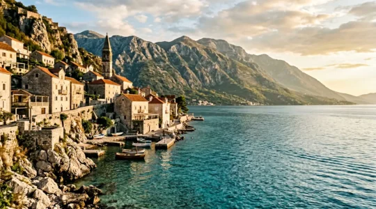 Côte escarpée de l'Adriatique avec villages traditionnels perchés sur falaises rocheuses