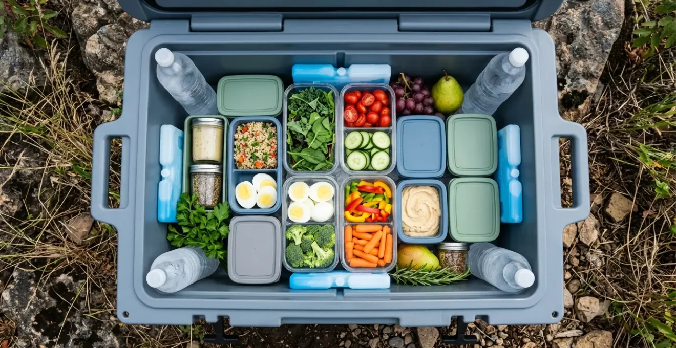 Vue aérienne d'une glacière ouverte organisée avec des compartiments d'aliments frais et des bouteilles d'eau glacées pour une randonnée estivale