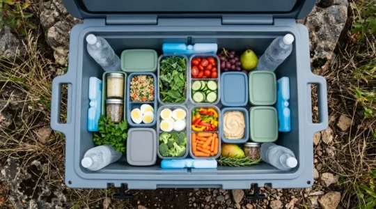 Vue aérienne d'une glacière ouverte organisée avec des compartiments d'aliments frais et des bouteilles d'eau glacées pour une randonnée estivale