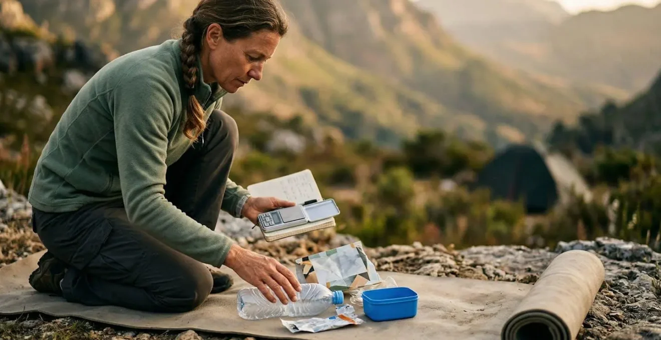 Voyageur scrutant ses déchets plastiques durant un trek, carnet d'audit et balance portable à la main