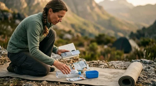 Voyageur scrutant ses déchets plastiques durant un trek, carnet d'audit et balance portable à la main