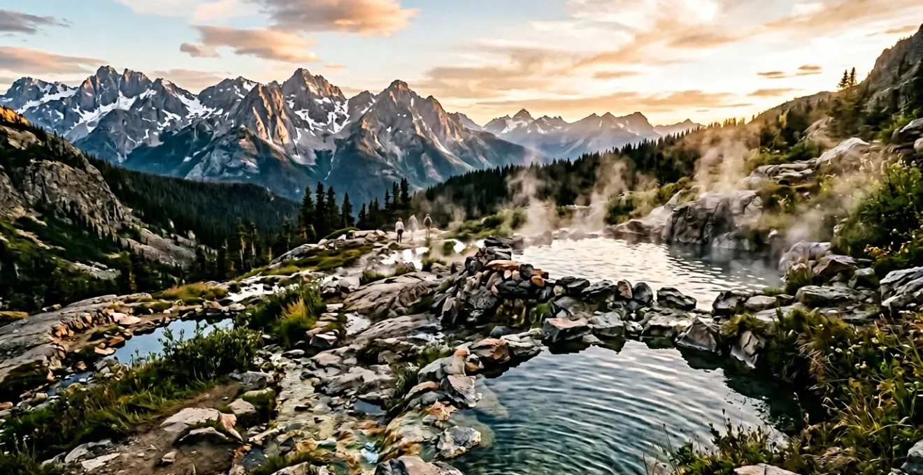 Personnes se baignant dans une source chaude naturelle entourée de rochers et de vapeur avec vue sur les montagnes