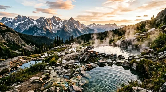 Personnes se baignant dans une source chaude naturelle entourée de rochers et de vapeur avec vue sur les montagnes