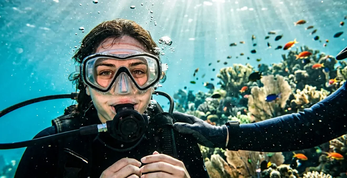 Plongeur débutant effectuant sa première respiration sous l'eau lors d'un baptême de plongée avec un moniteur