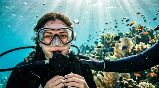 Plongeur débutant effectuant sa première respiration sous l'eau lors d'un baptême de plongée avec un moniteur