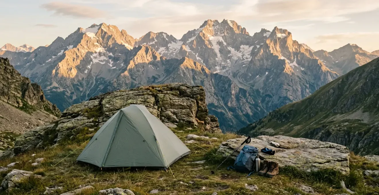 Bivouac sécurisé en zone de montagne isolée au crépuscule
