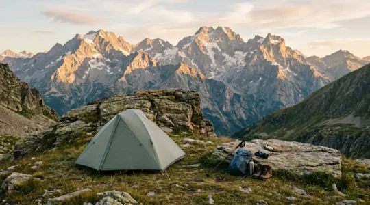 Bivouac sécurisé en zone de montagne isolée au crépuscule