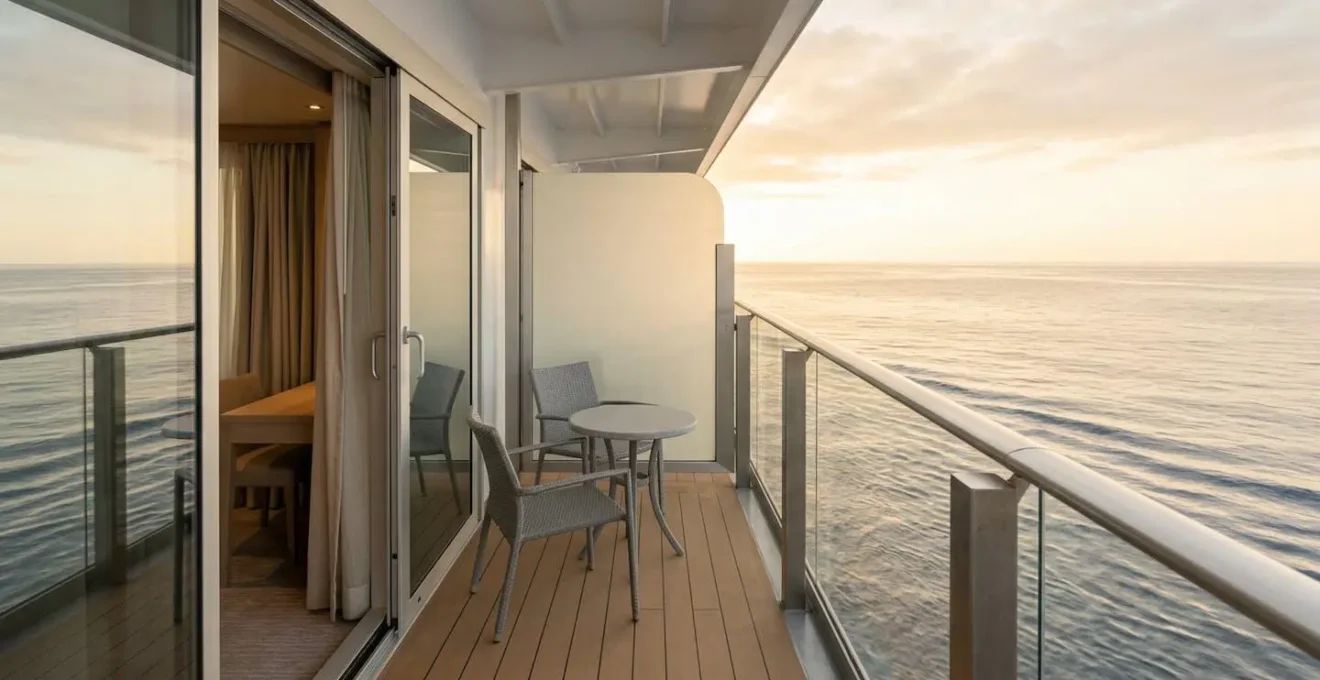 Vue latérale d'une cabine de croisière avec balcon donnant sur l'océan calme au coucher du soleil, située au centre du navire