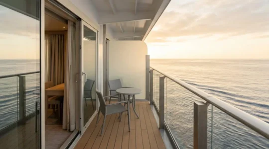 Vue latérale d'une cabine de croisière avec balcon donnant sur l'océan calme au coucher du soleil, située au centre du navire