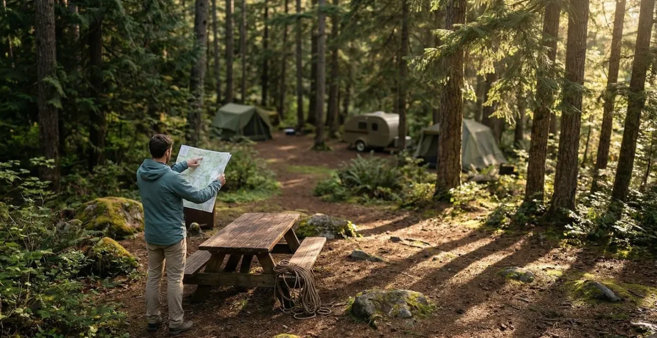 Campeur étudiant un plan de camping sous les pins avec vue sur des emplacements en retrait