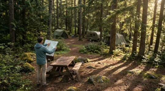 Campeur étudiant un plan de camping sous les pins avec vue sur des emplacements en retrait