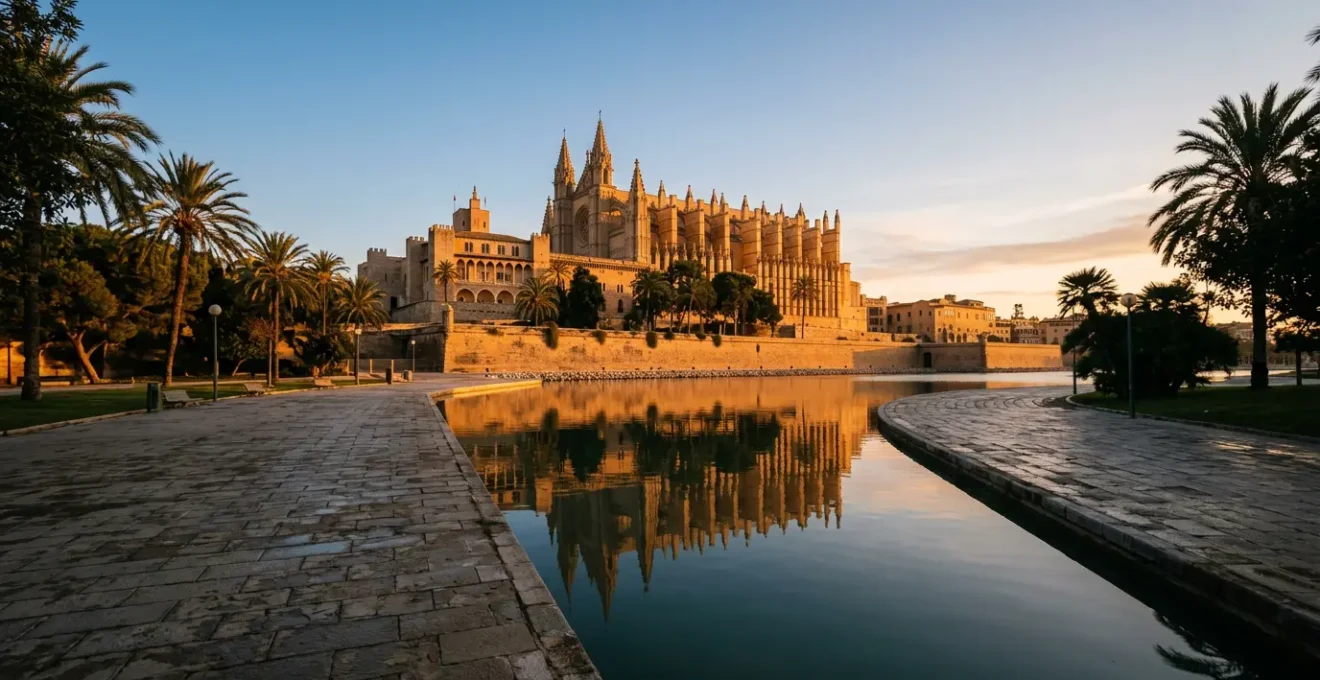 Vue latérale de la cathédrale de Palma au lever du soleil avec le Parc de la Mar désert