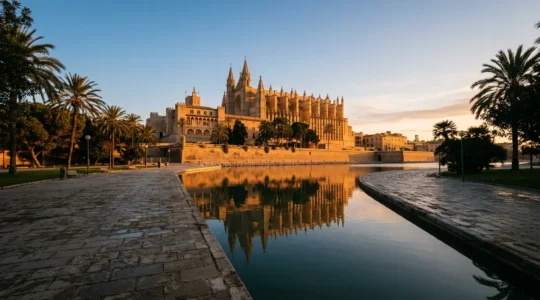 Vue latérale de la cathédrale de Palma au lever du soleil avec le Parc de la Mar désert
