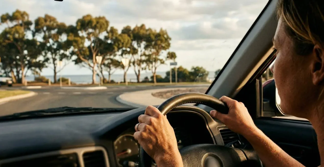 Conducteur concentré navigant un rond-point sur une route côtière australienne