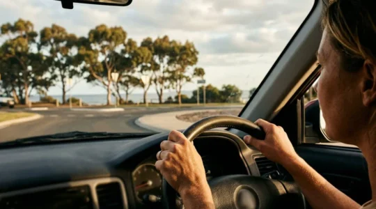 Conducteur concentré navigant un rond-point sur une route côtière australienne