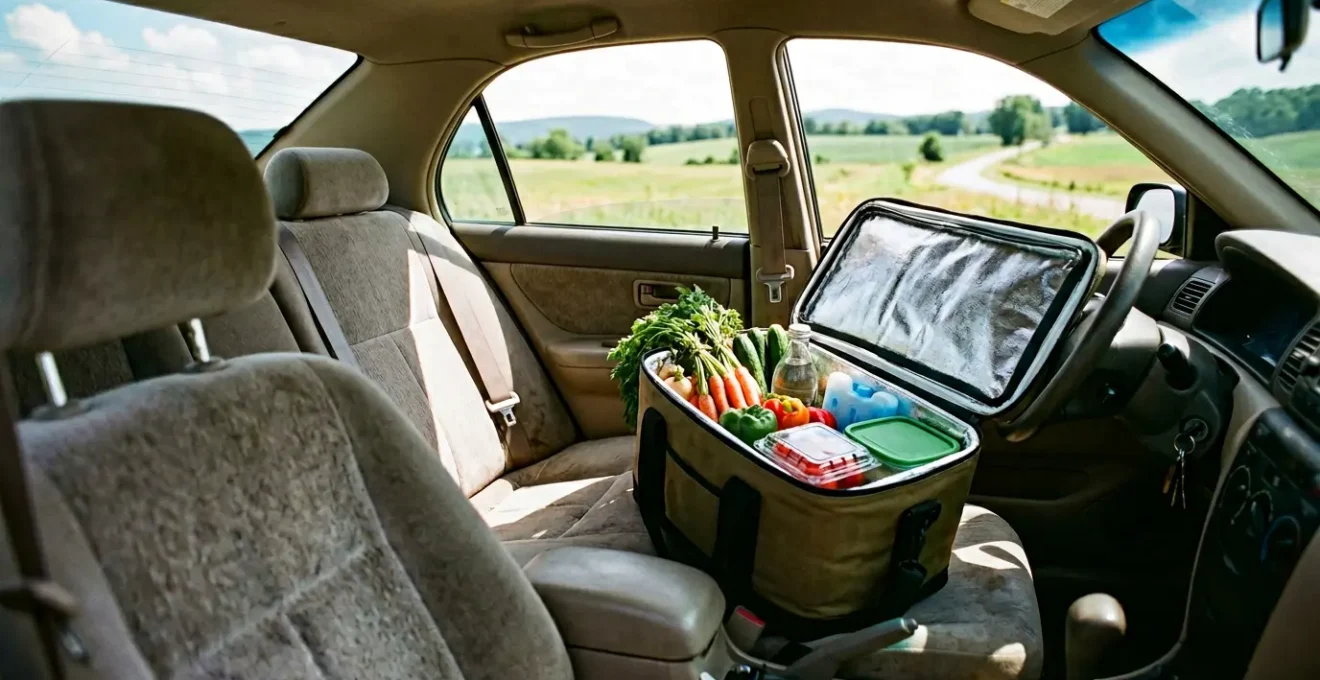 Intérieur de voiture en été avec glacière ouverte et produits frais organisés