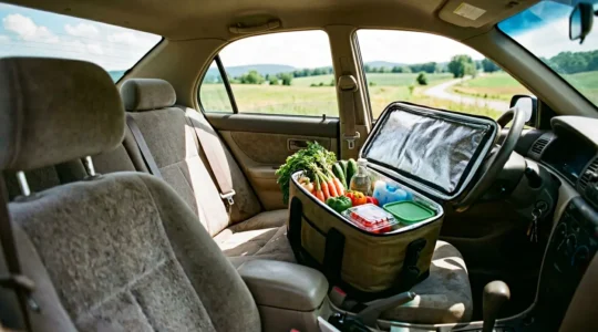 Intérieur de voiture en été avec glacière ouverte et produits frais organisés
