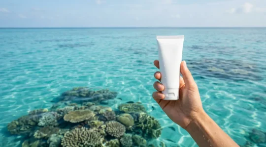 Main appliquant de la crème solaire avec récif corallien coloré en arrière-plan