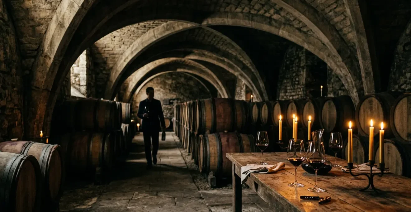 Vue intimiste d'une cave voûtée historique avec fûts de chêne et verres de dégustation dans la lumière dorée