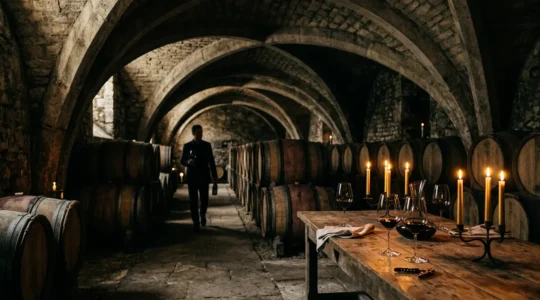 Vue intimiste d'une cave voûtée historique avec fûts de chêne et verres de dégustation dans la lumière dorée