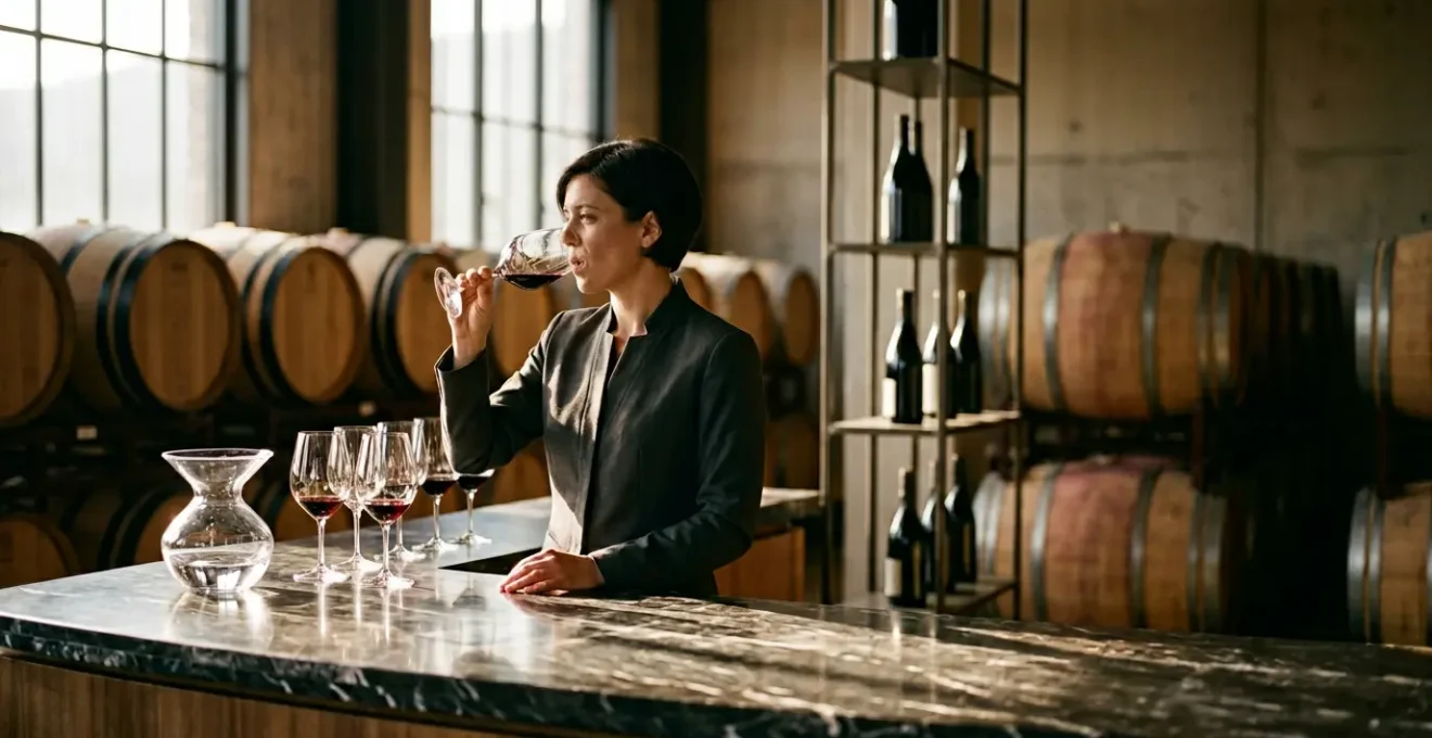 Dégustation professionnelle de vin avec crachoir en cristal et verre incliné dans une lumière dorée