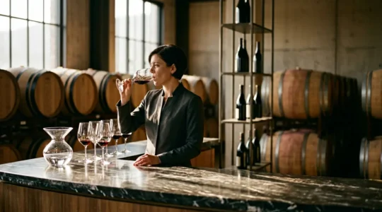 Dégustation professionnelle de vin avec crachoir en cristal et verre incliné dans une lumière dorée