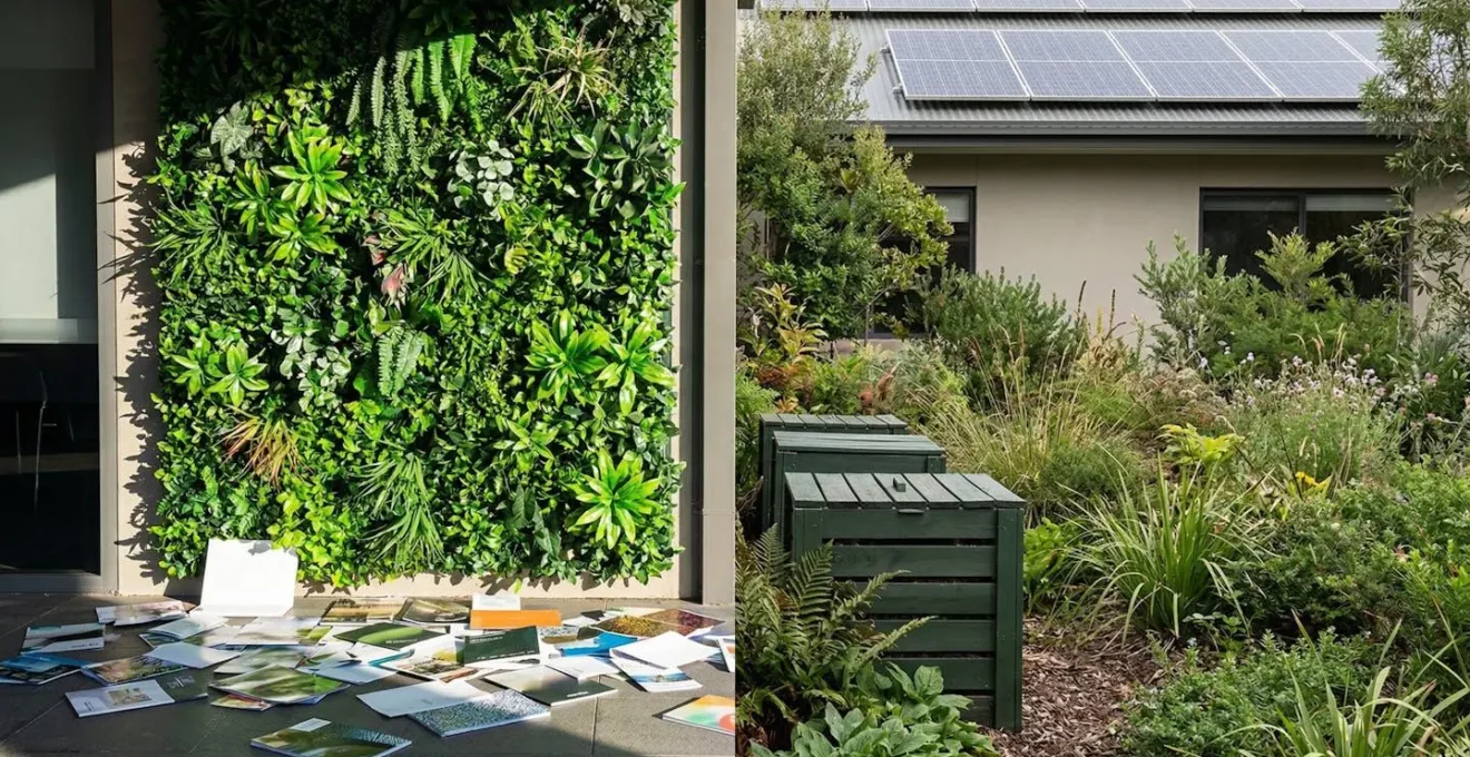 Façade d'hôtel avec une décoration végétale artificielle contrastant avec un vrai jardin naturel en arrière-plan