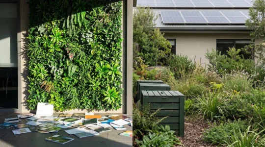 Façade d'hôtel avec une décoration végétale artificielle contrastant avec un vrai jardin naturel en arrière-plan