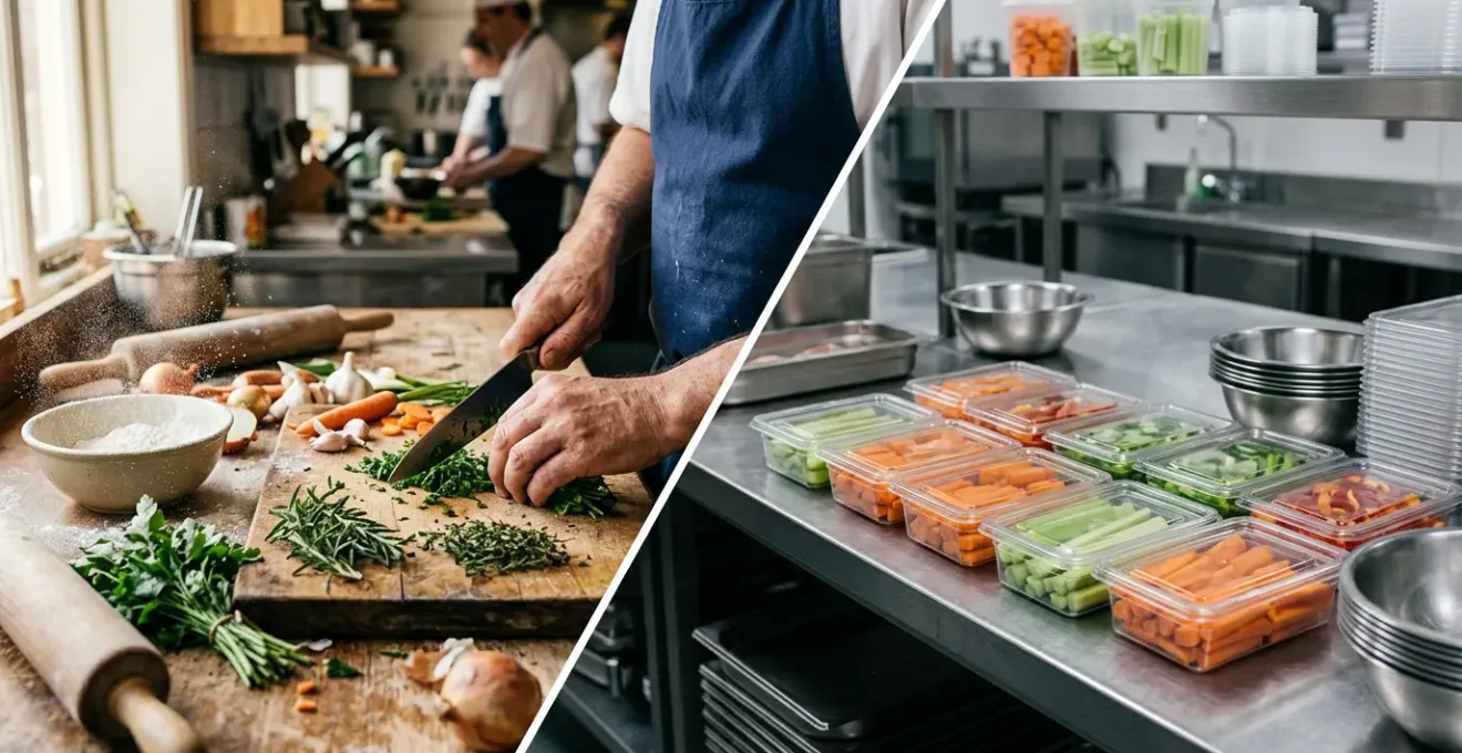 Cuisine professionnelle montrant le contraste entre préparation artisanale et assemblage industriel