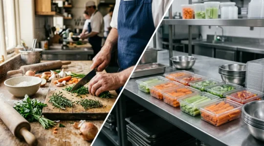 Cuisine professionnelle montrant le contraste entre préparation artisanale et assemblage industriel