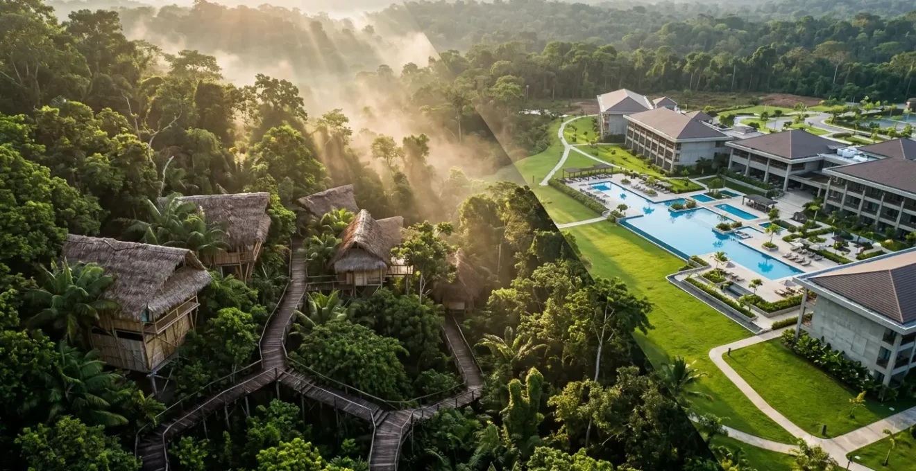 Vue aérienne contrastée d'un écolodge authentique intégré dans une forêt tropicale avec des matériaux naturels face à un resort conventionnel avec piscine et béton