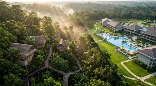 Vue aérienne contrastée d'un écolodge authentique intégré dans une forêt tropicale avec des matériaux naturels face à un resort conventionnel avec piscine et béton