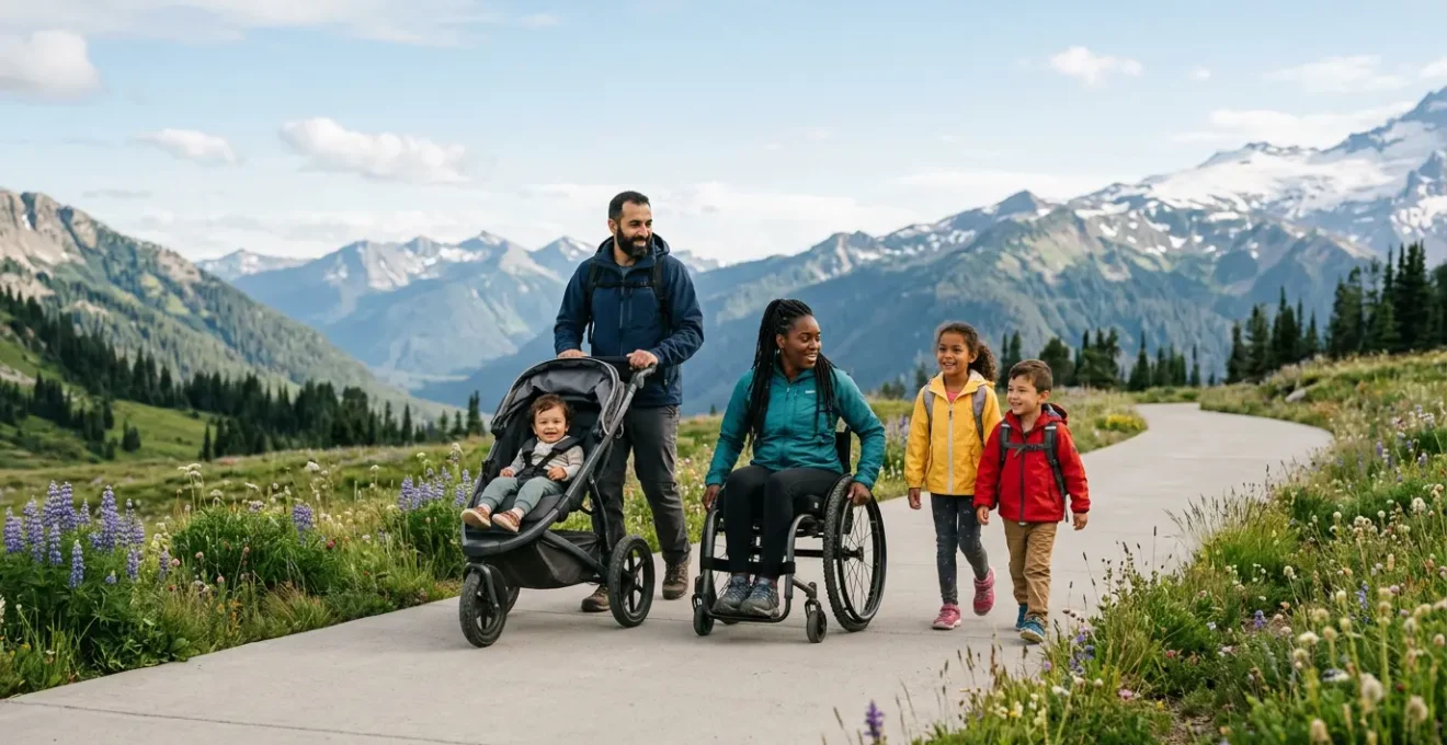 Famille avec poussette tout-terrain sur un large sentier de montagne pavé entouré de nature verdoyante