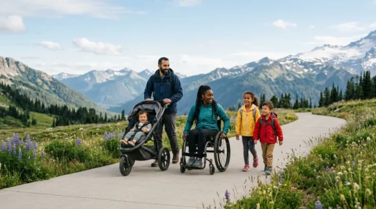 Famille avec poussette tout-terrain sur un large sentier de montagne pavé entouré de nature verdoyante