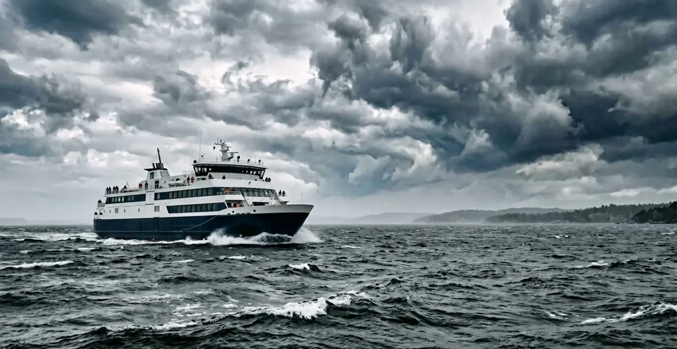 Vue latérale d'un ferry naviguant sur un lac agité avec des vagues et un ciel nuageux