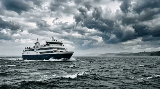 Vue latérale d'un ferry naviguant sur un lac agité avec des vagues et un ciel nuageux