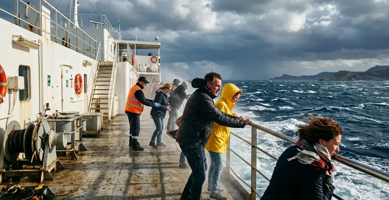 Passagers sur le pont d'un ferry par vent fort en Méditerranée