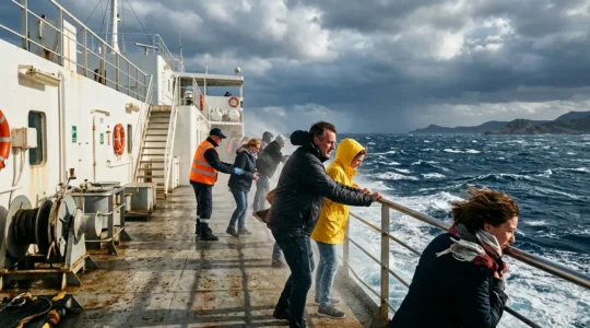 Passagers sur le pont d'un ferry par vent fort en Méditerranée