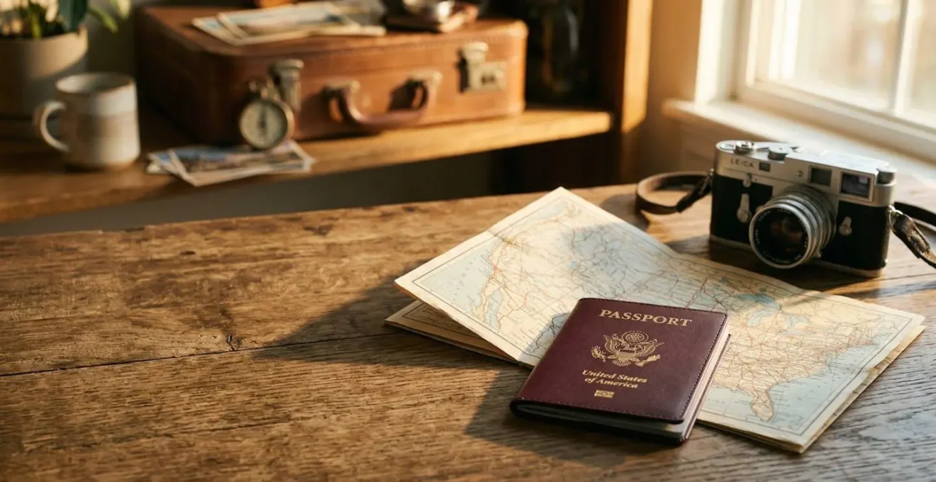 Documents de voyage étalés sur une table en bois avec passeport et carte des États-Unis