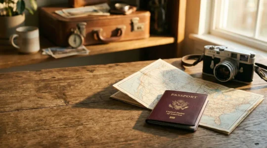 Documents de voyage étalés sur une table en bois avec passeport et carte des États-Unis