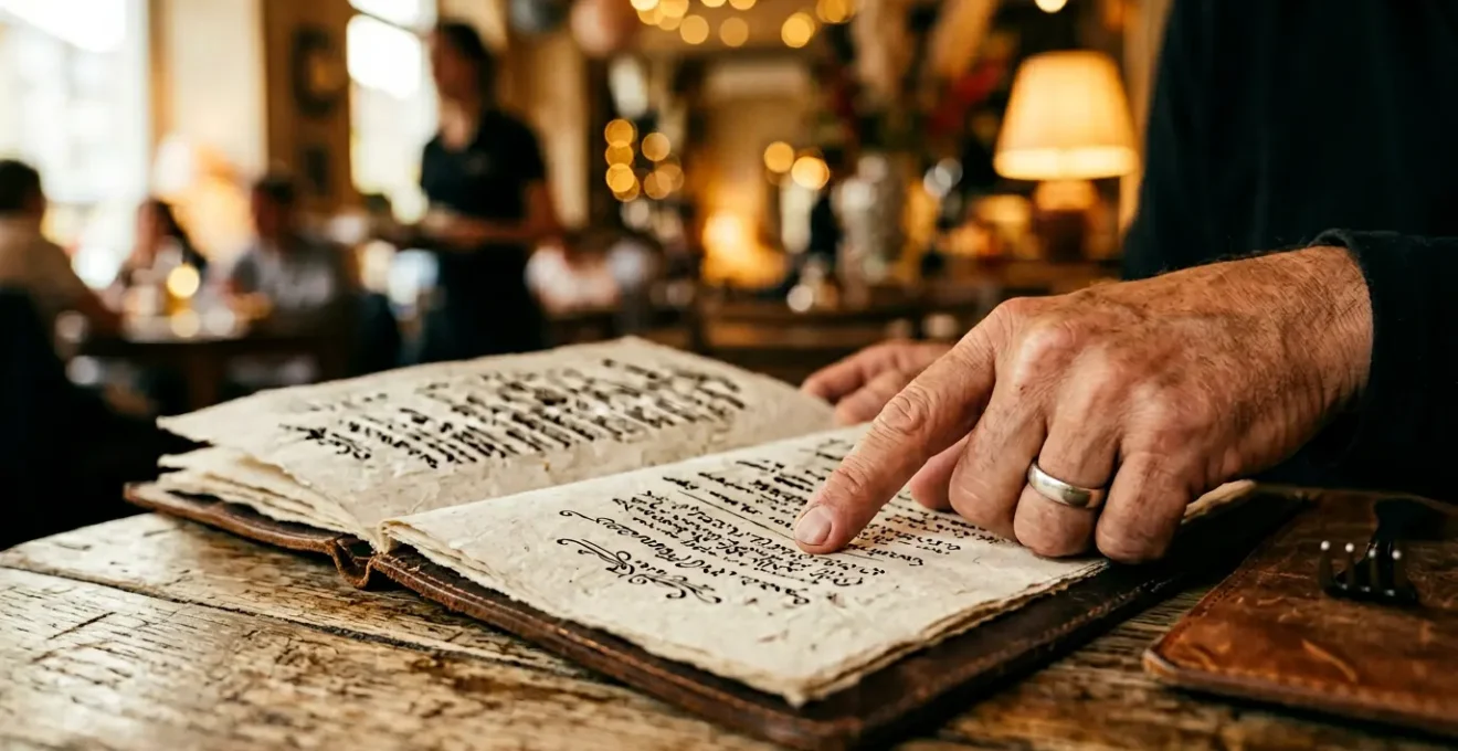 Main pointant vers un menu de restaurant aux caractères étrangers avec des plats alléchants en arrière-plan