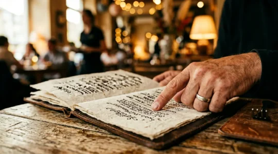 Main pointant vers un menu de restaurant aux caractères étrangers avec des plats alléchants en arrière-plan
