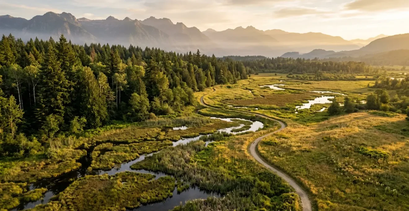 Vue aérienne d'une réserve naturelle avec sentier balisé traversant une végétation préservée