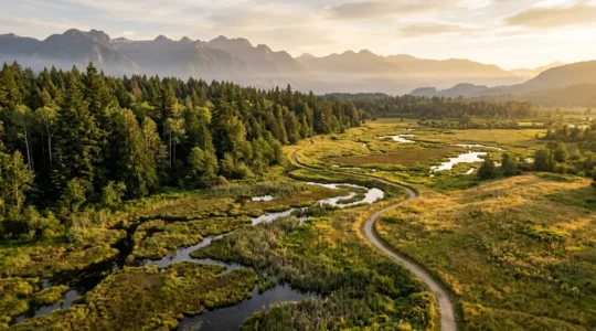 Vue aérienne d'une réserve naturelle avec sentier balisé traversant une végétation préservée