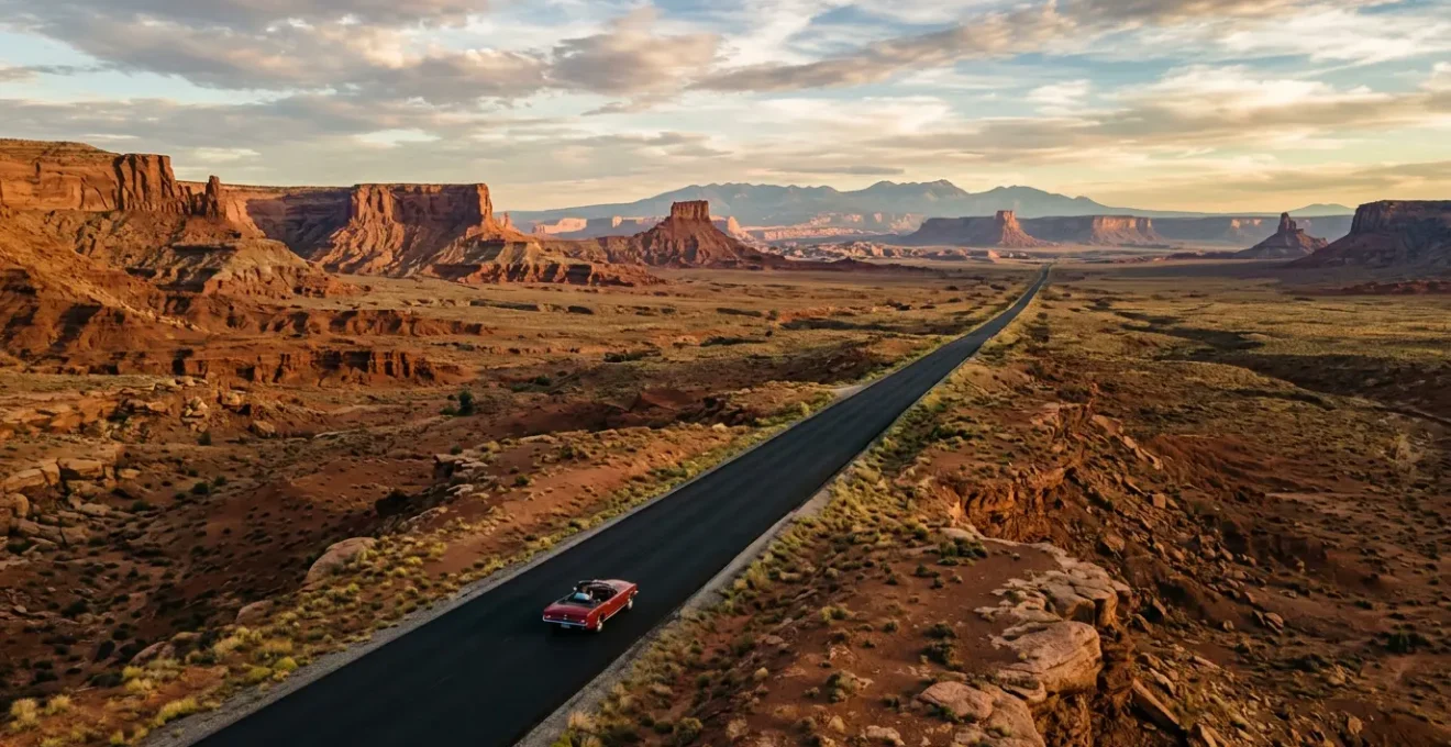 Vue aérienne d'une route emblématique traversant un paysage désertique avec une voiture classique américaine roulant vers l'horizon