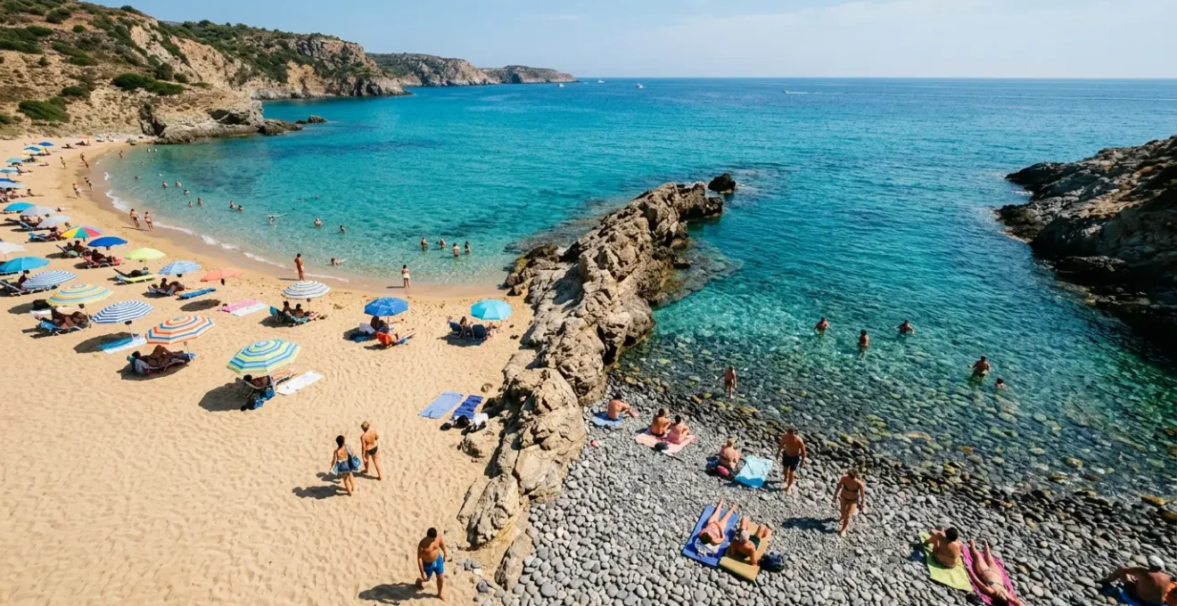Vue aérienne d'une plage divisée entre sable fin doré et galets polis, avec des parasols colorés et des vacanciers profitant du soleil