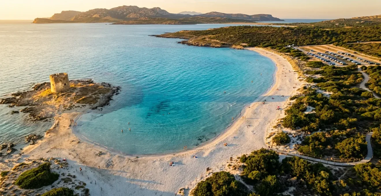 Vue panoramique d'une plage sarde avec tour aragonaise et panneaux de réglementation