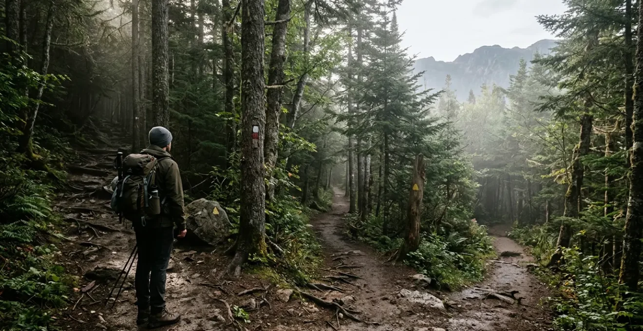 Randonneur analysant le balisage à une intersection de sentiers en montagne