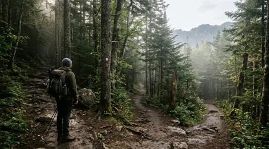Randonneur analysant le balisage à une intersection de sentiers en montagne